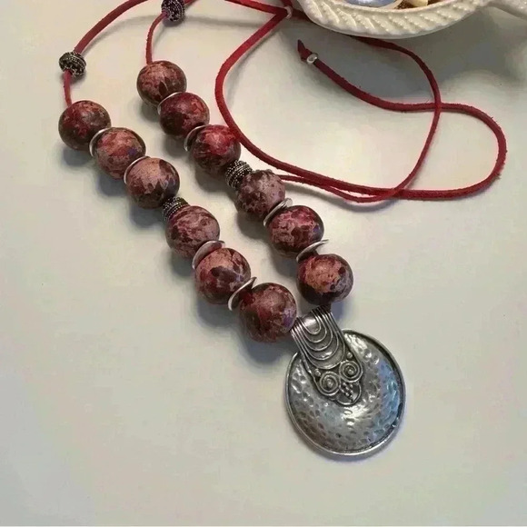 CERAMIC beaded greek statement necklace w/ silver disk pendant - Picture 7 of 7